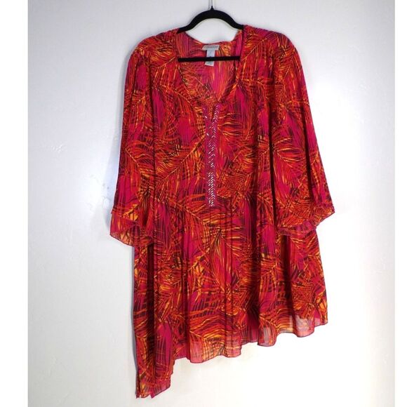 Catherines Blouse Women 2X-22/24W‎ Floral Crinkle Beaded Asymmetrical Tropical - Picture 1 of 11